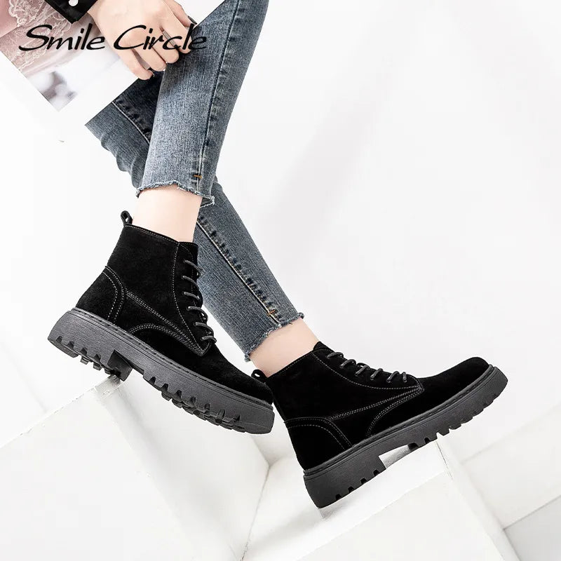 Smile Circle Ankle Boots Suede Leather women Flat platform Short Boots Ladies shoes fashion Autumn winter boots