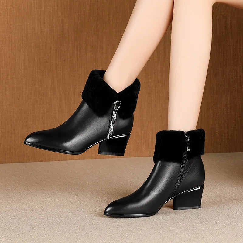 ZVQ Cute Sweet Leather Ankle Boots Winter Warm Chelsea Booties Pink Black Purple Party 5cm High Heels women's Shoes