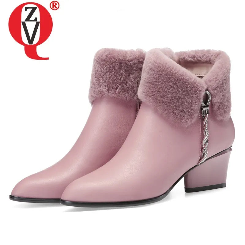 ZVQ Cute Sweet Leather Ankle Boots Winter Warm Chelsea Booties Pink Black Purple Party 5cm High Heels women's Shoes