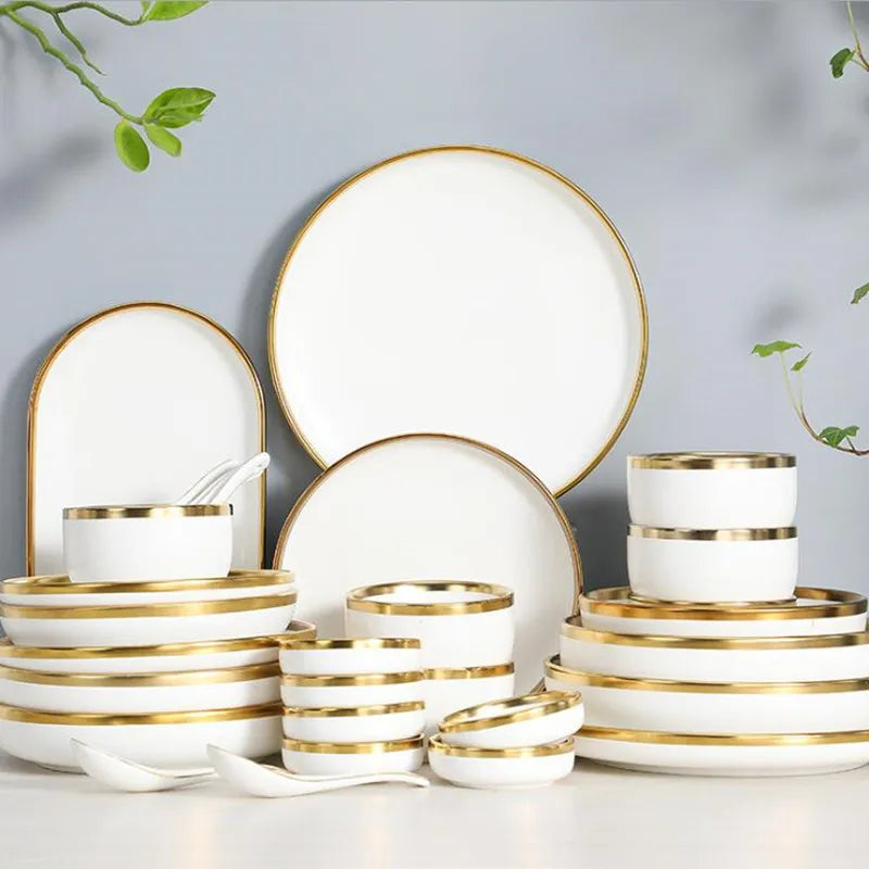 High-quality Matte Gilt Rim White Porcelain Dinner Tray Kitchen Plates Ceramic Tableware Food Dishes Rice Salad Noodles Bowl