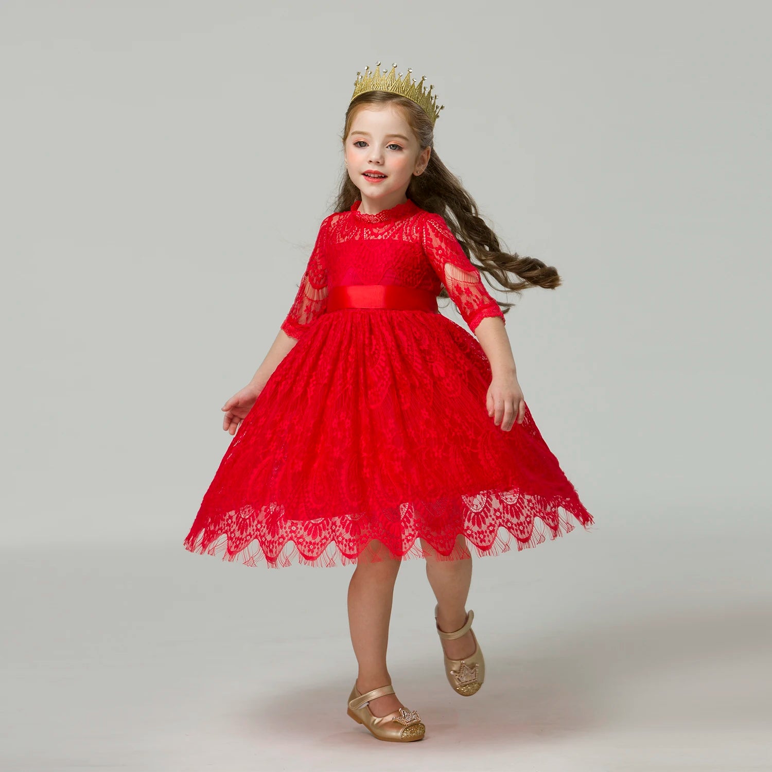 Red Kids Dresses For Girls Flower Lace Tulle Dress Wedding Little Girl Ceremony Party Birthday Dress Children Autumn Clothing