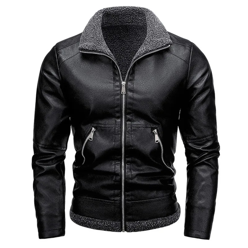 Winter Fleece Warm Coat Men Biker Leather Jacket Lapel Zipper Thick Male Slim Windproof Leather Moto Jacket Motorcycle Outwear