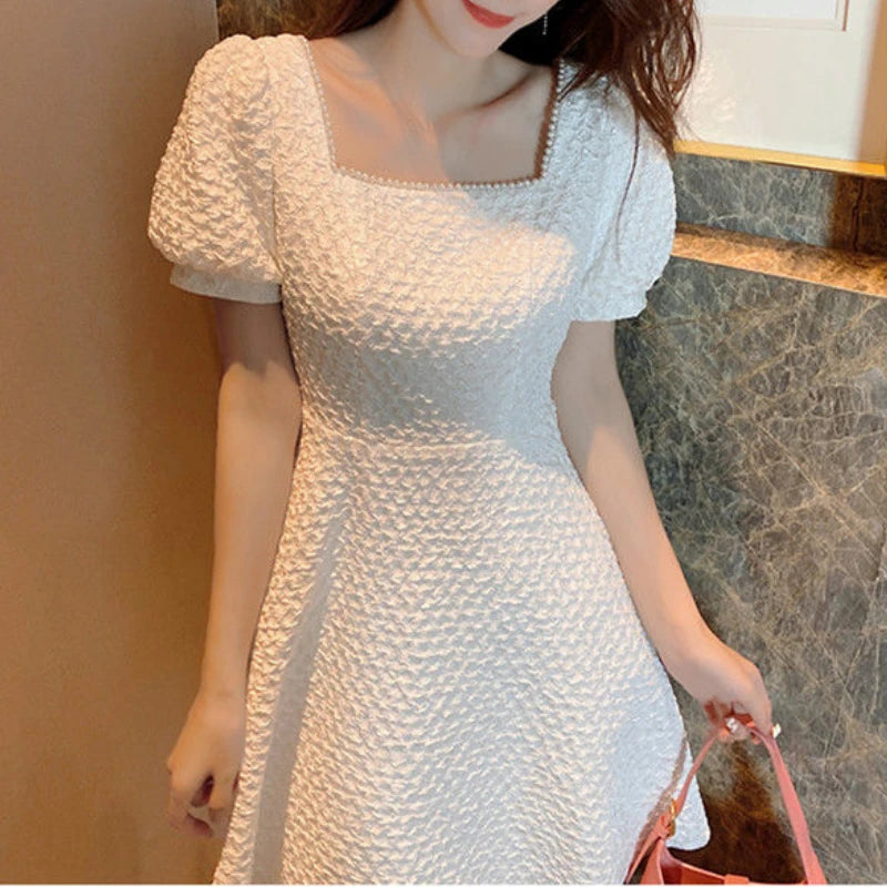 Korean Style White Dress Summer Women's Clothing Wedding Birthday Party Dress Bead Pearl French Retro Prom Skirt Boho Dress