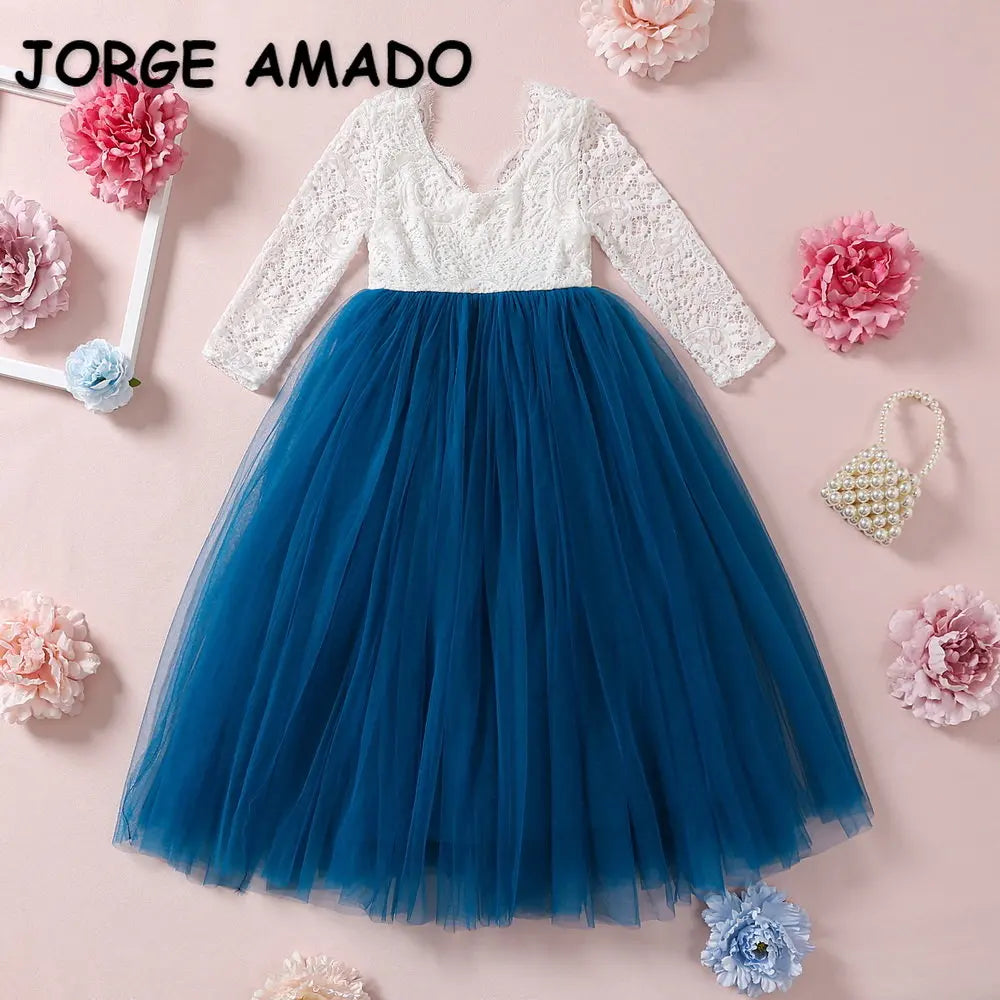 Princess Dress for Girls Ankle Length Wedding Party Dress Eyelash Back White Lace Beach Dress Children Clothing E15177