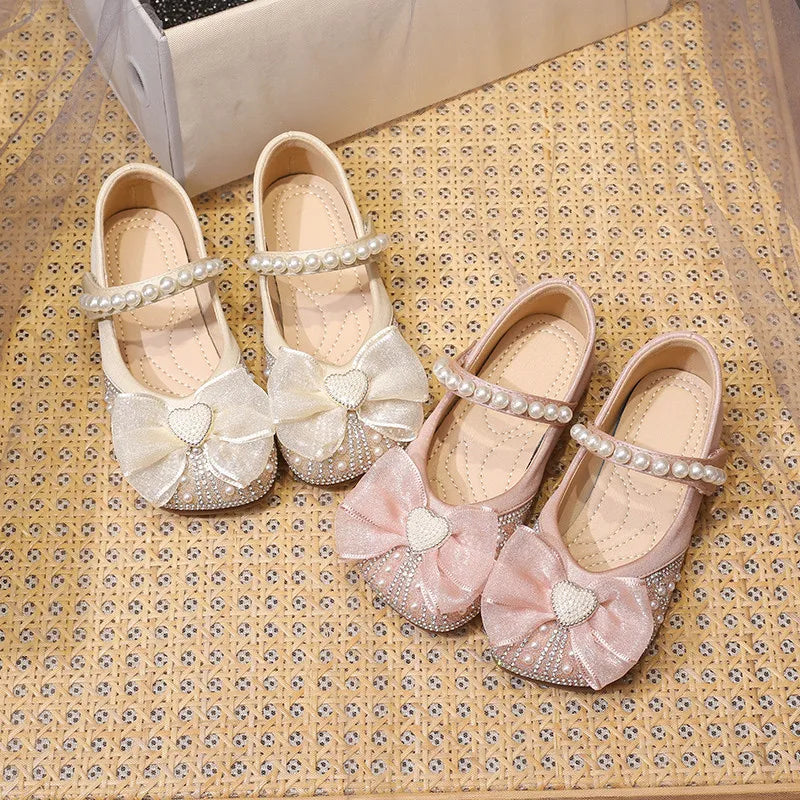 New Girls Leather Shoes Children Crystal Bow Party Dance Princess Dress Soft Sole Flats Toddler Baby Casual Moccasins Kids 3C