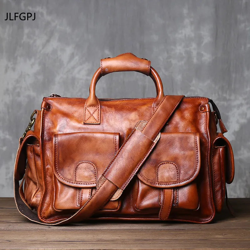 JLFGPJ Pure Hand Polished Vintage Handbag Top Layer Plant Tanned Cowhide Casual Crossbody Men's Bag Genuine Leather Computer Bag