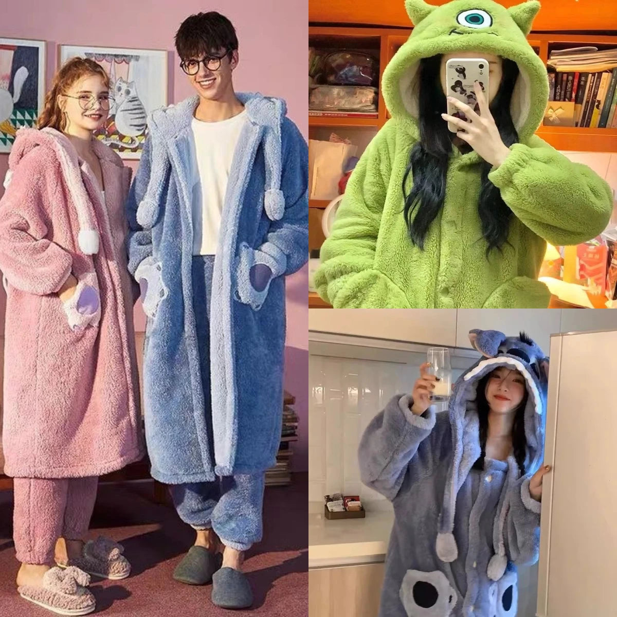 Plus Size Cartoon Long Robe Couple Models Hooded Pajamas Facecloth Bathrobe Autumn and Winter Coral Fleece Robe Women Homewear