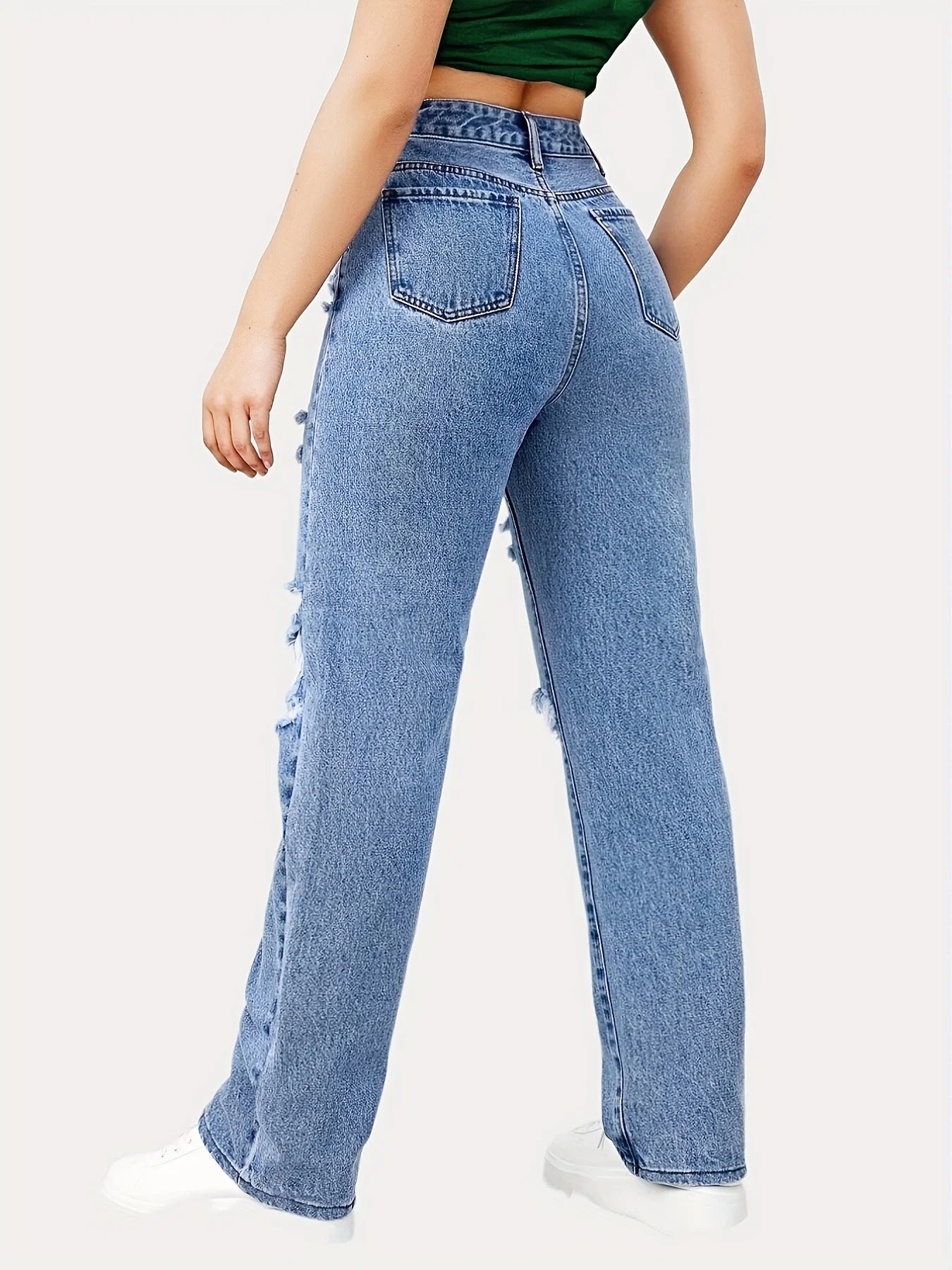 Blue Ripped Baggy Straight Jeans, Slash Pockets Distressed High Waist Loose Fit Denim Pants, Women's Denim Jeans & Clothing