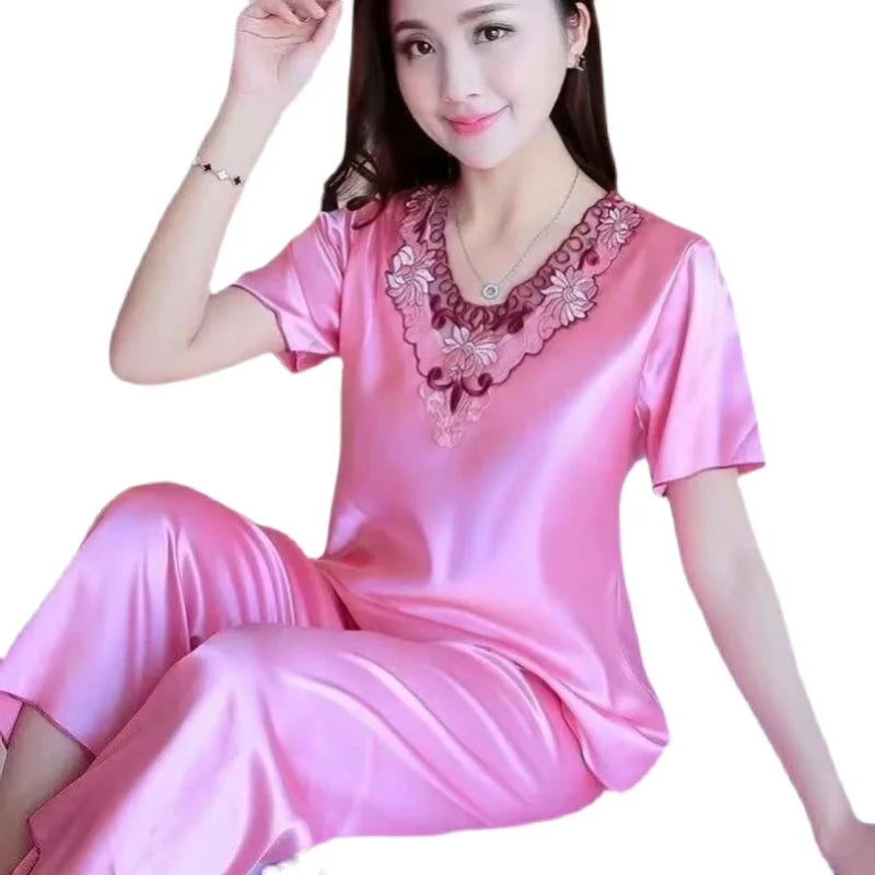 Summer Short Sleeve V-neck Women Pajamas Set Large Size Lace Home Clothes Imitation Silk Nightwear Pants Sleepwear Suit M-3XL