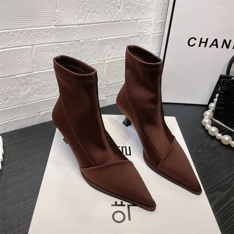 2023 Autumn Fashion Elegant Ladies High Heels New Satin Pointed Toe Short Boots Women Thin Heel Stretch Sock Boots Female Shoes