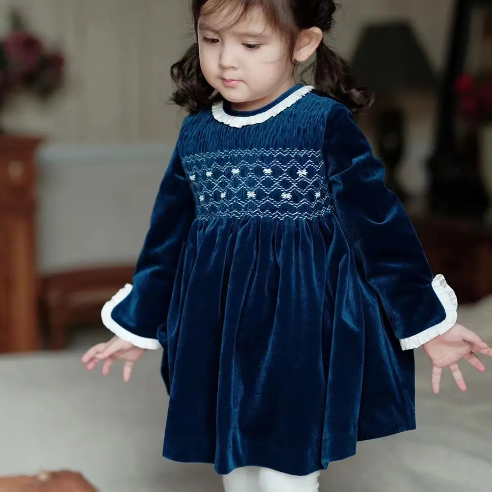 Children Vintage Clothing Girls Blue Velvet Dress Handmade Smocking Princess Christmas Eid Birthday Palace New Year Clothes