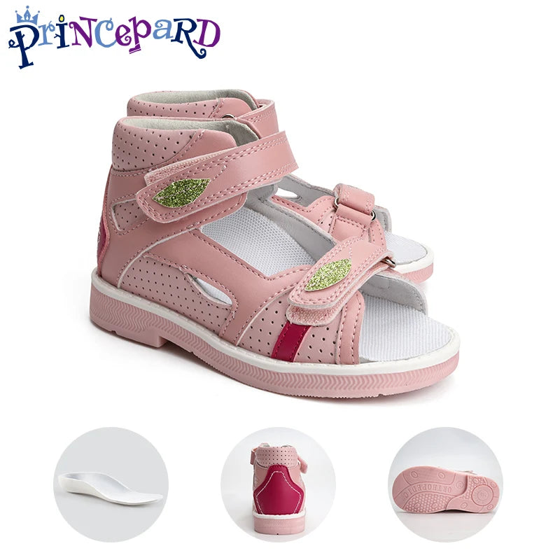 Orthopedic Children Sandals Corrective Footwear for Kids Girls Pink Hollow Out Open Toe Arch Support Low-cut with Leaf Design