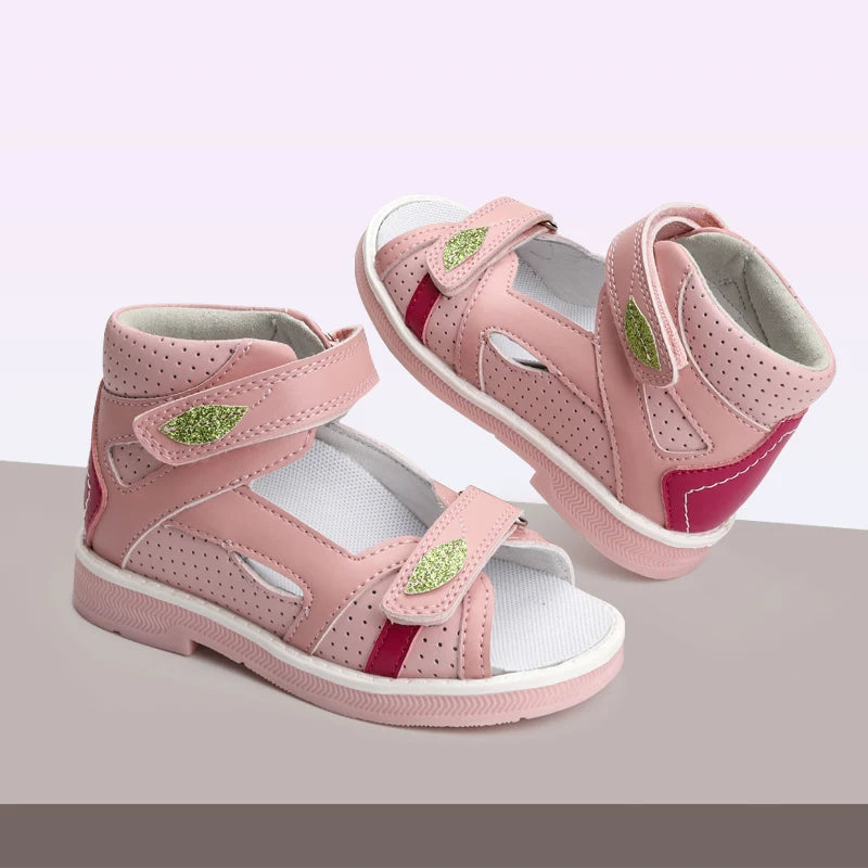 Orthopedic Children Sandals Corrective Footwear for Kids Girls Pink Hollow Out Open Toe Arch Support Low-cut with Leaf Design