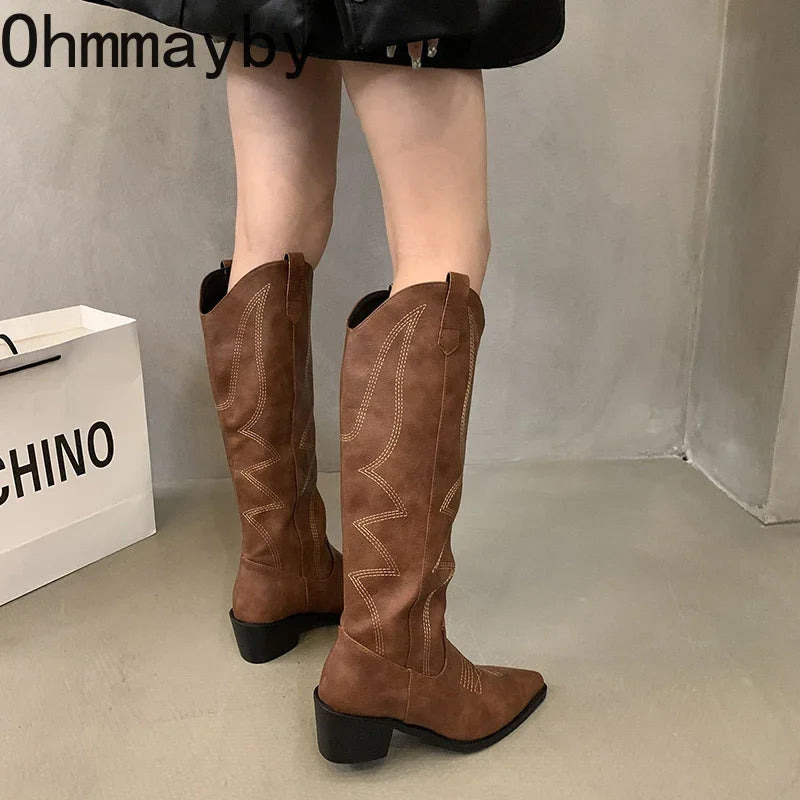 Woman Cowgirl Boots Fashion Slip On Ladies Elegant Square Low Heel Knee High Boots Shoes Women's Winter Footwear