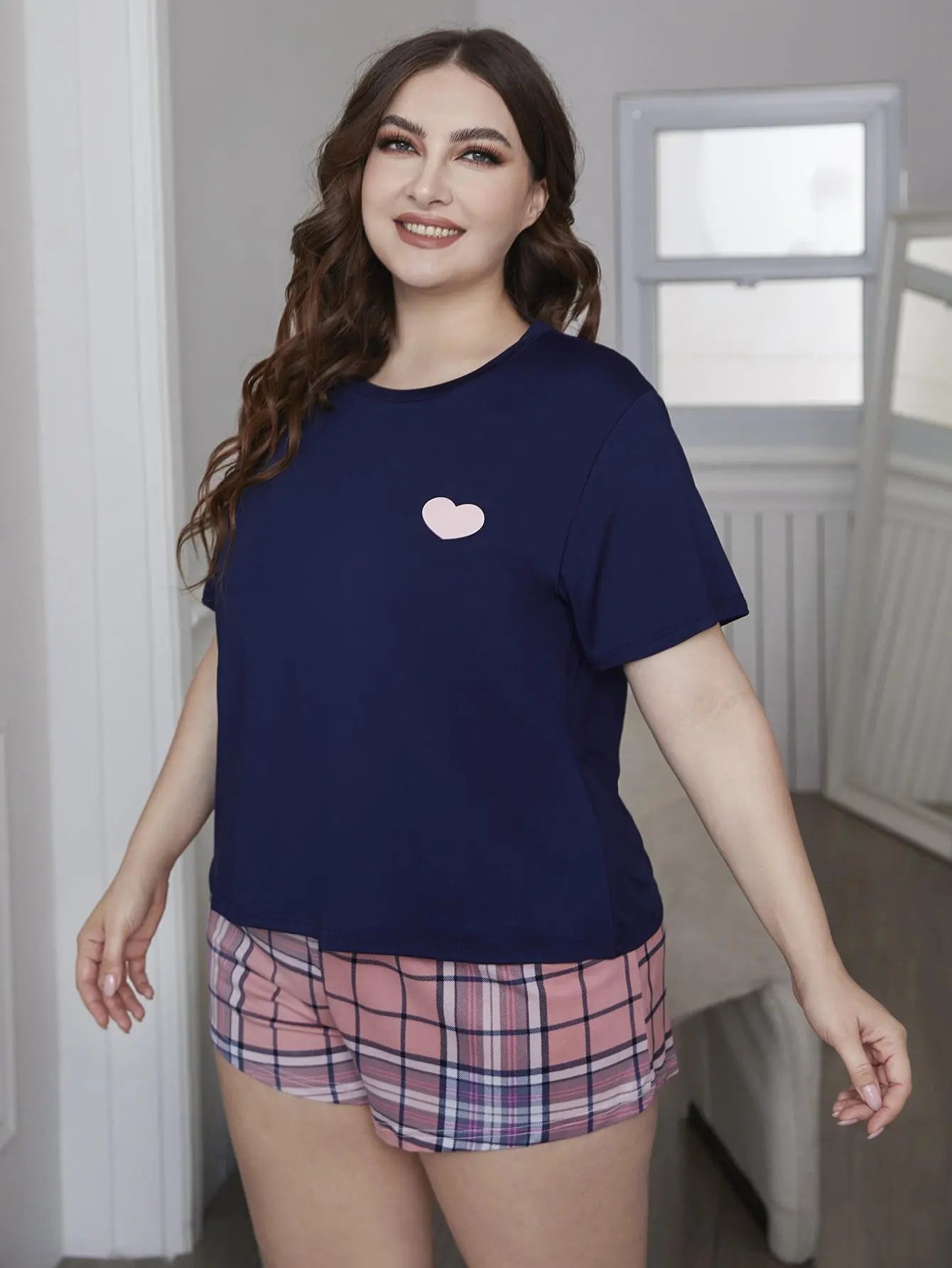 5XL Plus Size Women's Pajama Set Short Sleeve Heart Print Top & Plaid Shorts 2 Pieces Sleepwear Screw Neck Nightwear Lounge