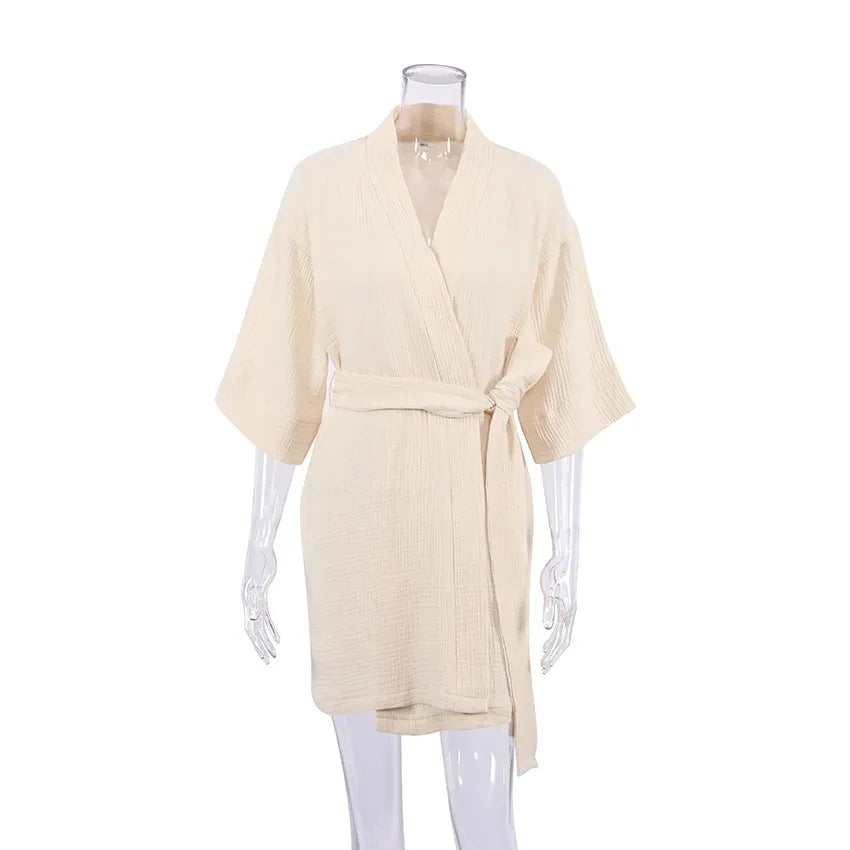 Solid Cotton Bathrobe Female Robes Women Sexy Mini Dresses Three Quarter Sleeves Dressing Gown Dress Nightgown Home Dress