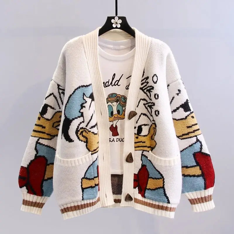 Cartoon Sweater Coat Women's Autumn and Winter 2023 New Slouchy Loose Outerwear Versatile Thickened Knitted Cardigan