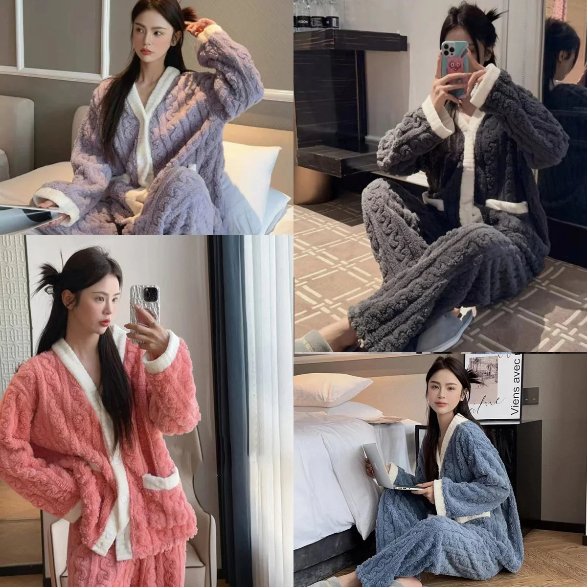 Women's Two-Piece Fall and Winter Pajamas Warm Padded Thickened Can Be Worn Outside Loose Coral Velvet Long-Sleeved Homewear Set