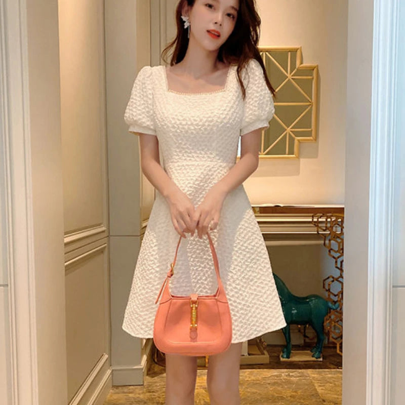 Korean Style White Dress Summer Women's Clothing Wedding Birthday Party Dress Bead Pearl French Retro Prom Skirt Boho Dress