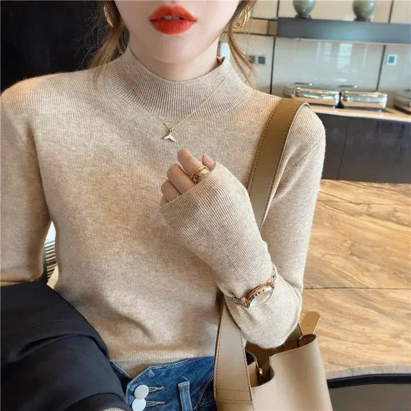 Fashion Half Turtleneck Pullover Sweater Elegant Long Sleeve Basic Knitted Tops Autumn Winter Jumper Women Clothes Sueter