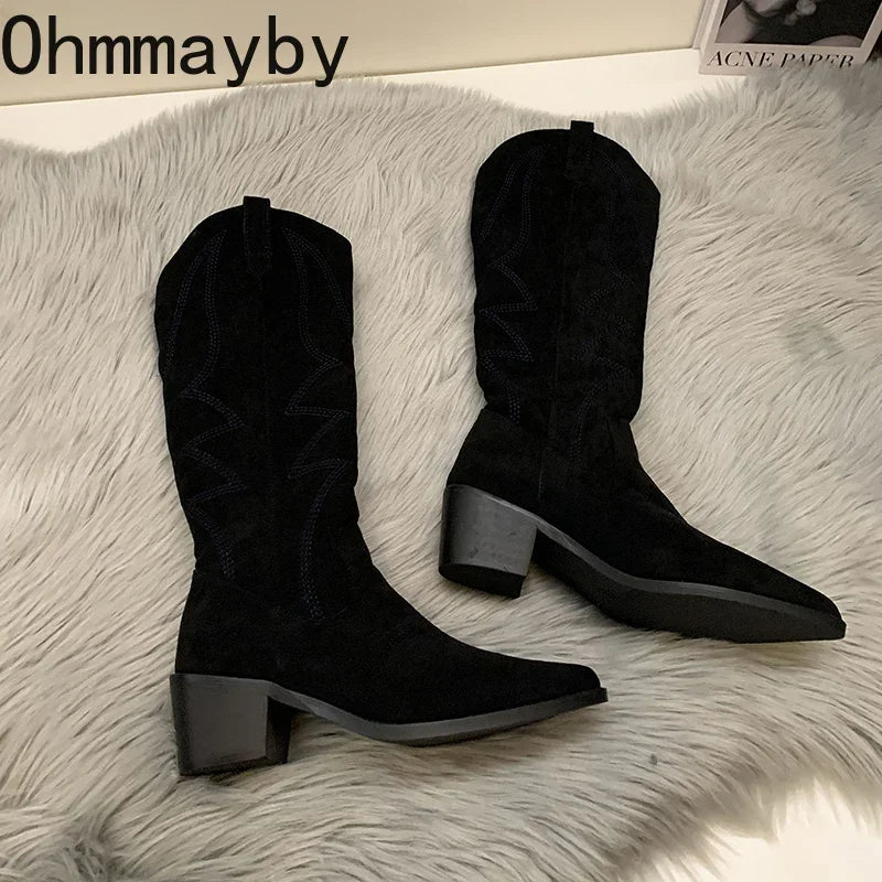 Woman Cowgirl Boots Fashion Slip On Ladies Elegant Square Low Heel Knee High Boots Shoes Women's Winter Footwear