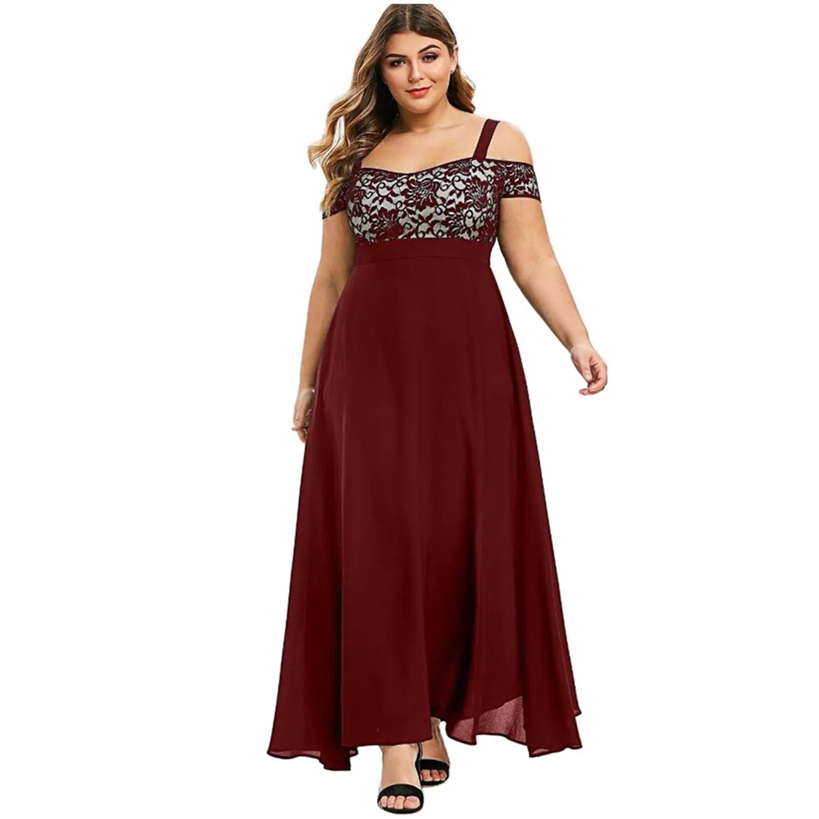 Women Plus Size Dresses Cold Shoulder Floral Lace Maxi Party Evening Camis Summer Casual Long Dress L-5XL Robe Vestidos Mujer