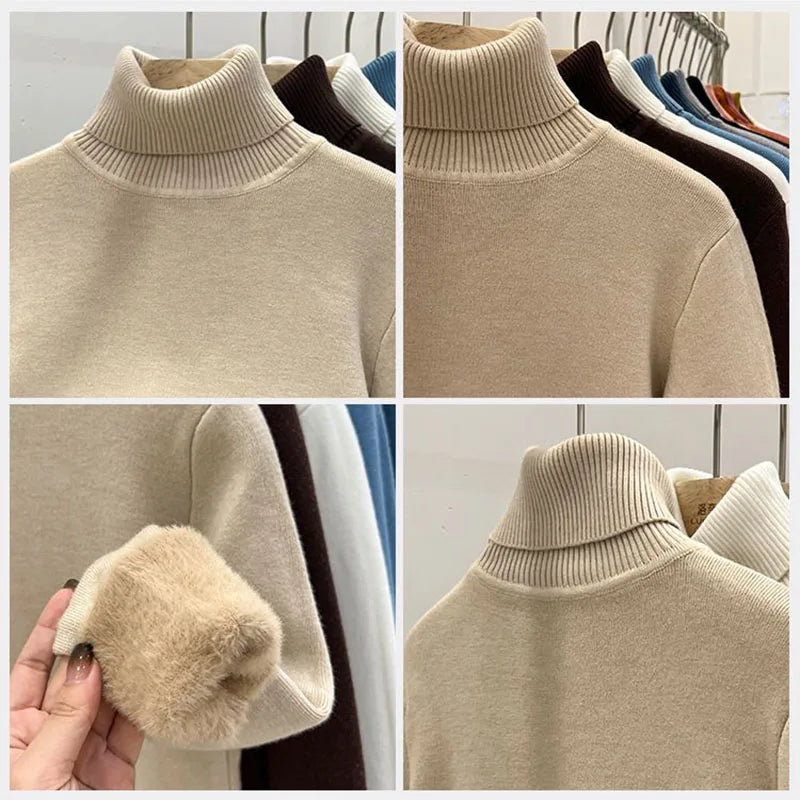 Plush Lined Winter Turtleneck Sweater Warm Slim Long Sleeve Jerseys Tops Thicken Soft Knitted Jumper Korean Women Basic Pullover