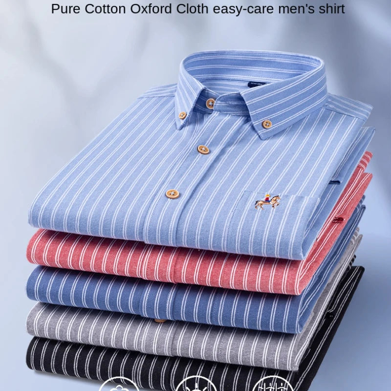 Fashion Men's Long Sleeve Casual 100% Cotton Striped Oxford Shirt with Embroidered Chest Pocket Standard-fit Button-down Shirts