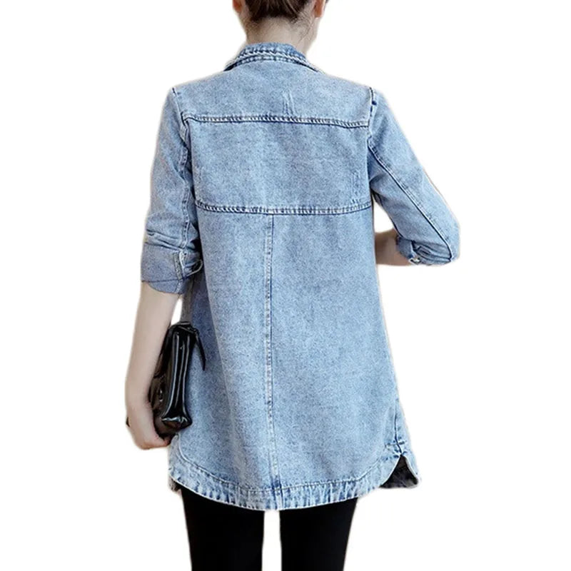 New Autumn Winter Korean Denim Jacket 5XL Women Slim Long Base Coat Women's Frayed Navy Blue Casual Female Jeans Jackets Coats