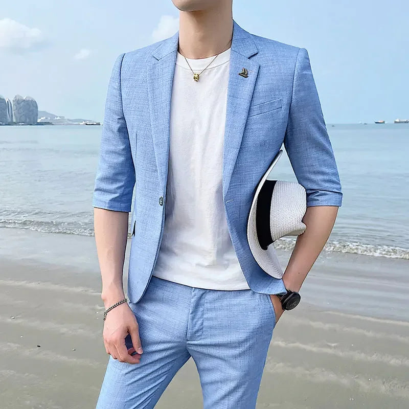 Summer New Men's Wedding Dress Suit Men's Fashion Slim Suit Business Formal Party Half Sleeve 2-piece Barber Casual Suit