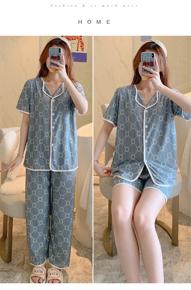 2023 New Ladies Three Piece Pajamas Women Printed Pajamas Home Sets Pajama Sets Cute Girls Homewear