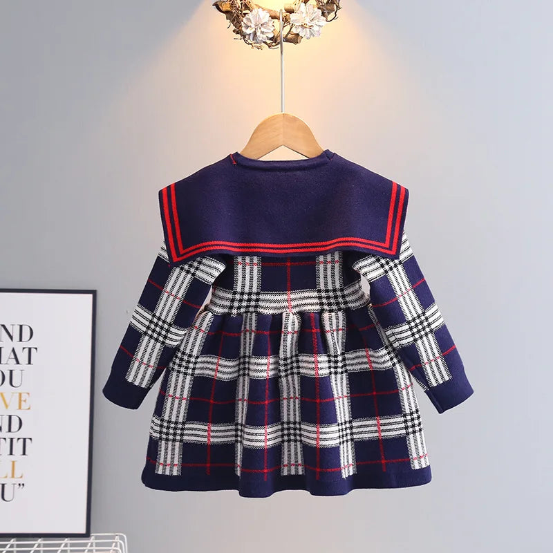 Toddler Girl Sweater Dress 2023 New Autumn Winter Warm 0-7Y Girls Plaid Knitted Sweater Dress Bow College Style Kids Clothes