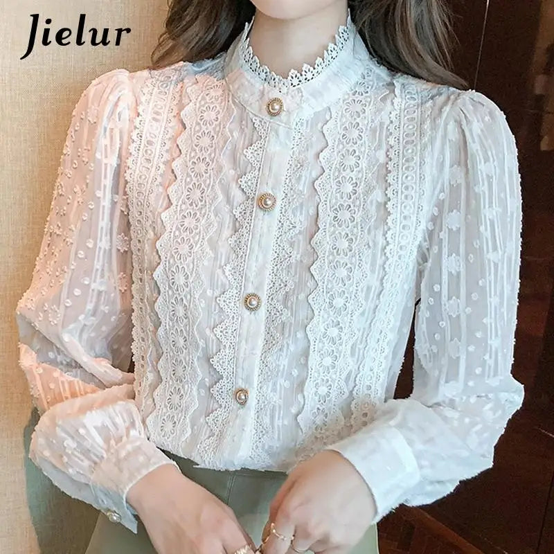 Jielur Autumn Women White Lace Blouse Shirt Women Tops Long Sleeve Blouse Women Blusas Mujer De Moda 2022 Blouses Femme Shirts