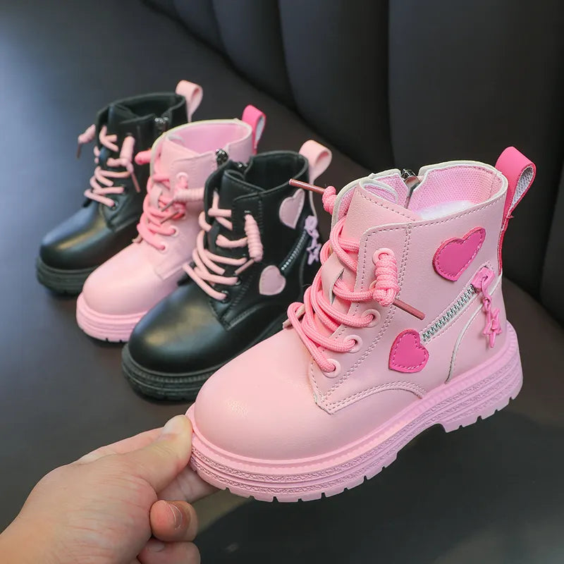 British PU Cool Girls Autumn and Winter Casual Cotton Boots Soft Pink with Love Side Zip Princess Kids Fashion Girls Ankle Boots