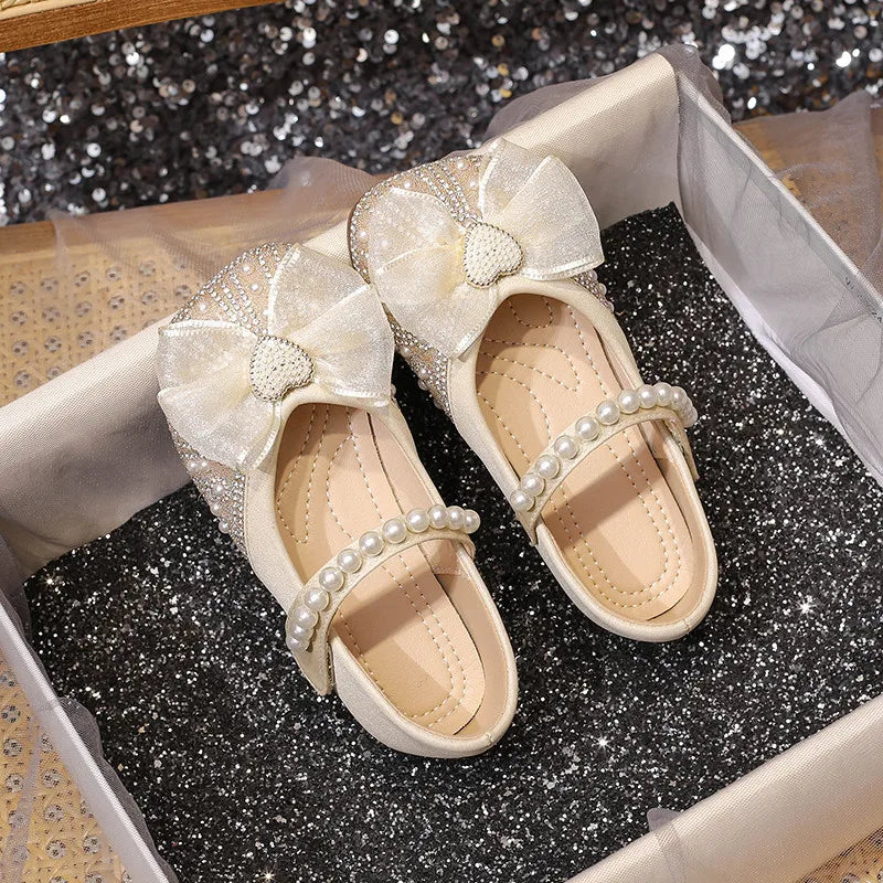 New Girls Leather Shoes Children Crystal Bow Party Dance Princess Dress Soft Sole Flats Toddler Baby Casual Moccasins Kids 3C