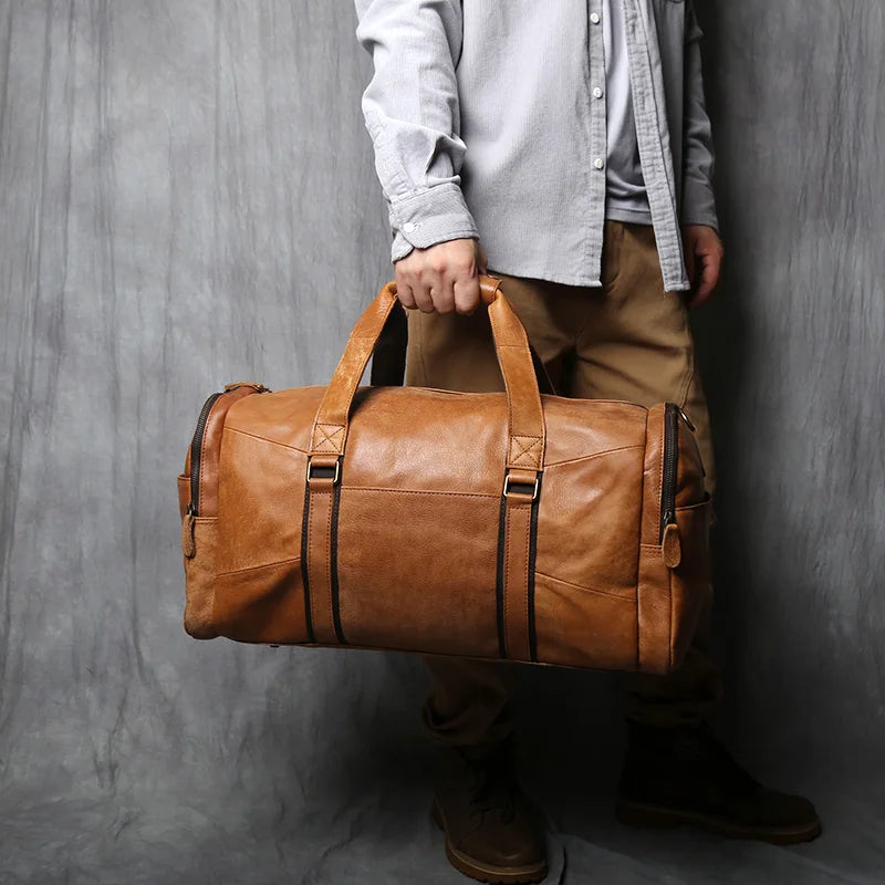 NZPJ Leather Retro Men's Travel Bag Shoulder Messenger Casual Backpack Top Layer Cowhide Large Capacity Luggage Bag Handbag