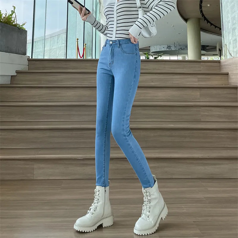 Women Stretch Jeans Lady Slim Skinny Pencil Jeans High Waist Vintage Pants Girls Leggings Straight Leg Korea Fashion Trousers