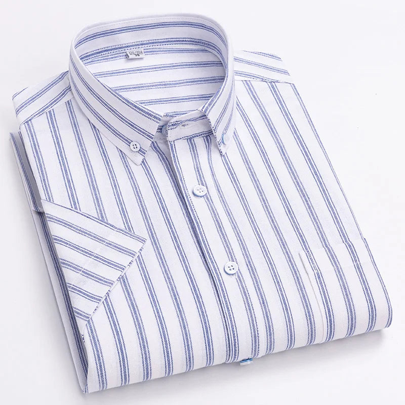 Men's Summer Shirts 100% Cotton Oxford Vertical Stripes Short Sleeve Standard-fit Loose Plaid Solid Soft Cotton Business Office