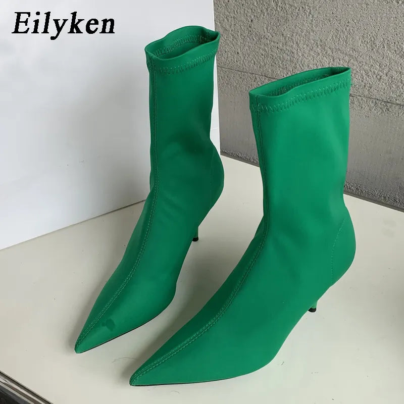 Eilyken 2024 New Spring Autumn Stretch Fabric Women Ankle Boots Sexy Pointed Toe High Heels Fashion Female Socks Pumps Shoes