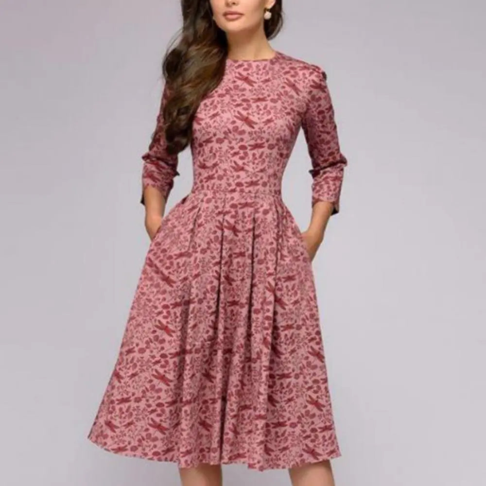 Women Elegant A-line Midi Dress Vintage Printing Party Vestidos Three Quarter Sleeve Women Spring Casual Dress