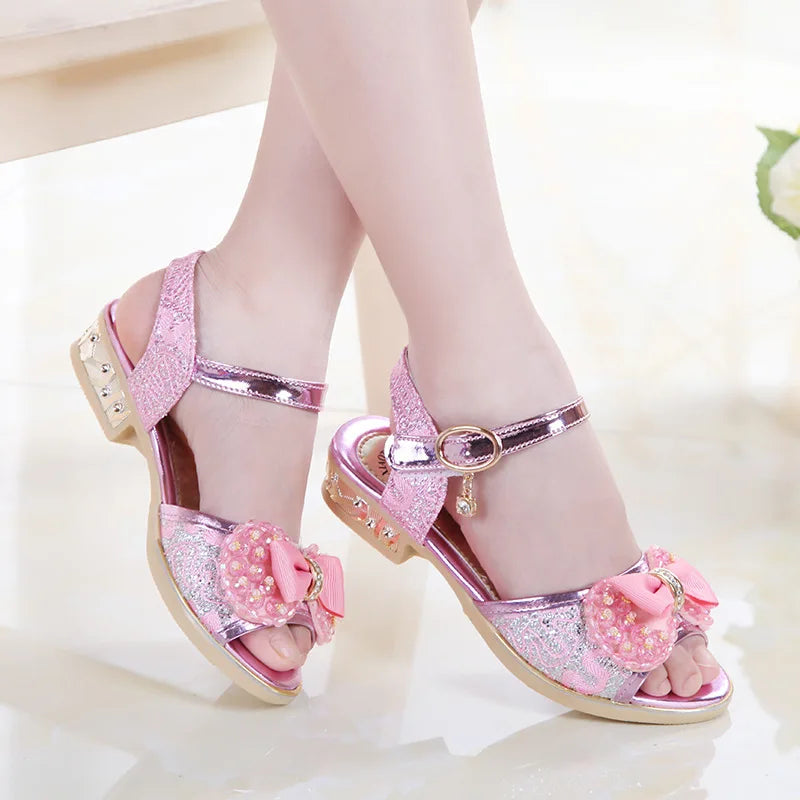 Children Princess Sandals Kids Girls Wedding Shoes High Heels Dress Shoes Bowtie Gold Pink Sandals Shoes for Girls