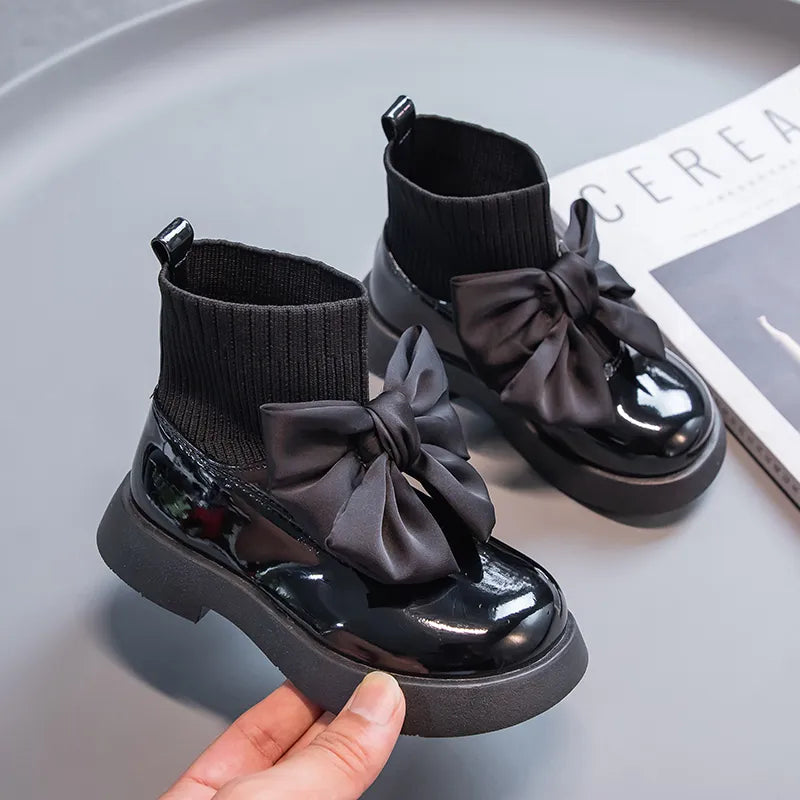 Children's Boots Fashion PU Solid Black Bow Girls Uniform 2023 Spring and Autumn New Kids Fashion Flying Knit School Socks Shoes