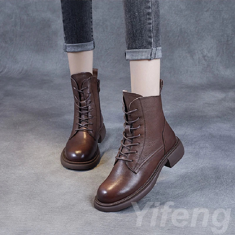 British Style Martin Boots Genuine Cowhide Women Cross Strap Side Zipper Flat Bottom Fashionable Thin Soft Comfortable Shoes