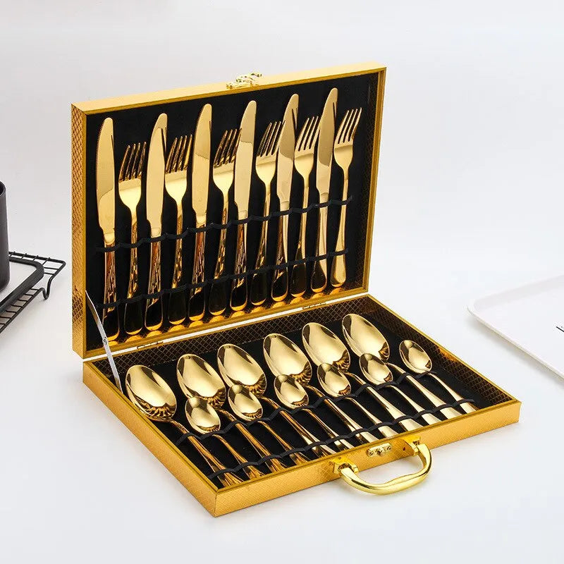 24 Piece Stainless Steel Western Tableware Household Knife, Fork, Spoon, Tea Spoon 4 Piece Wooden Box Craft Gift Box Set