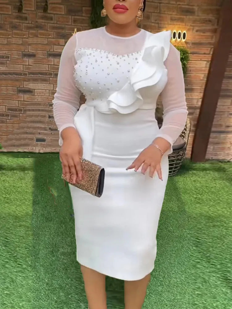 Classy Women White Midi Bodycon Long Sleeve Dress Beads Sheer Sweetheart Ruffles Peplum Dresses for Wedding Guest Party Birthday