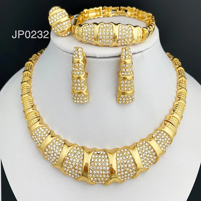 Latest Dubai Gold Color Jewelry Sets Luxury 18K Gold Plated Women Necklaces Earrings Ring Bracelet Wedding Party Accessories