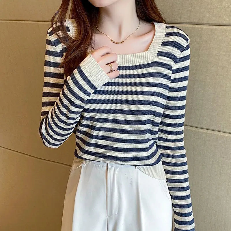 Female 2022 Autumn Stripe Slim Square Sollar T-shirt Korean Casual Fashion New Wild Office Lady Comfortable Long Sleeve Sweater