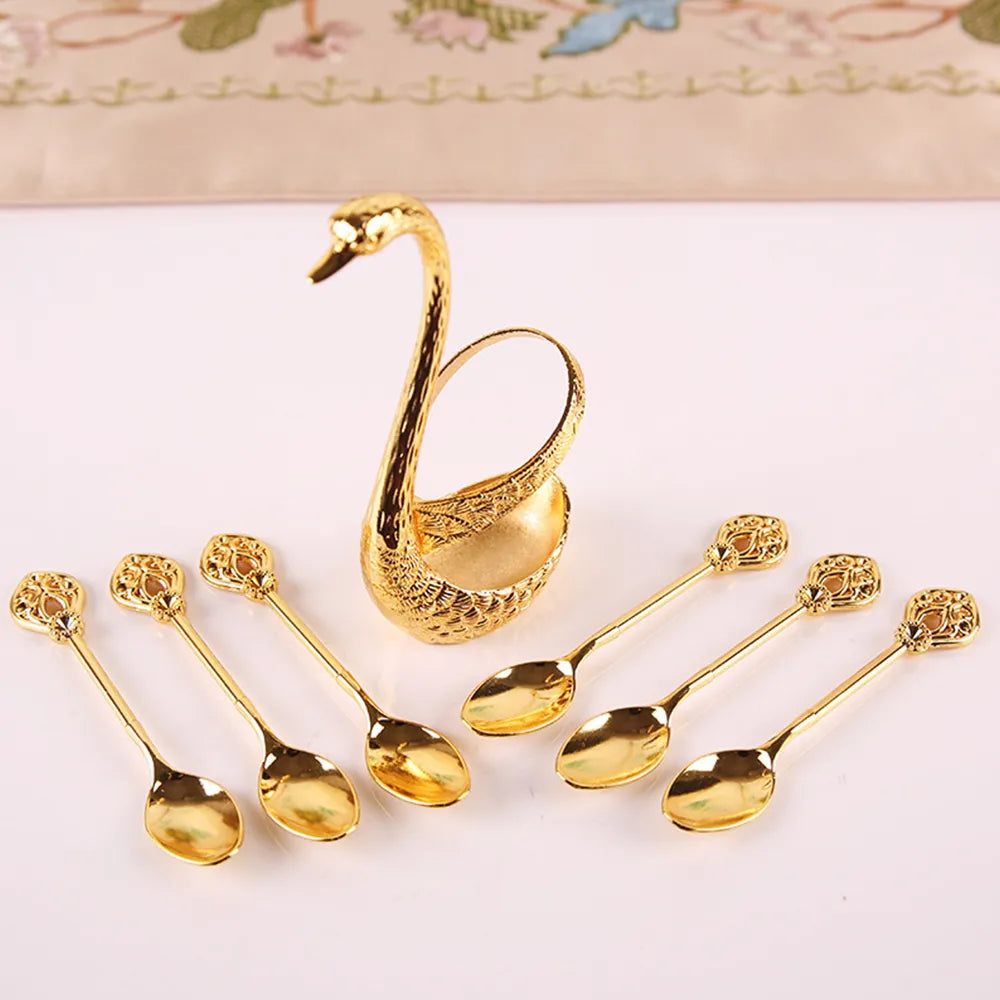 Stainless Steel Creative Dinnerware Set Decorative Swan Base Holder with 6 Spoons for Coffee Fruit Dessert Stirring Mixing