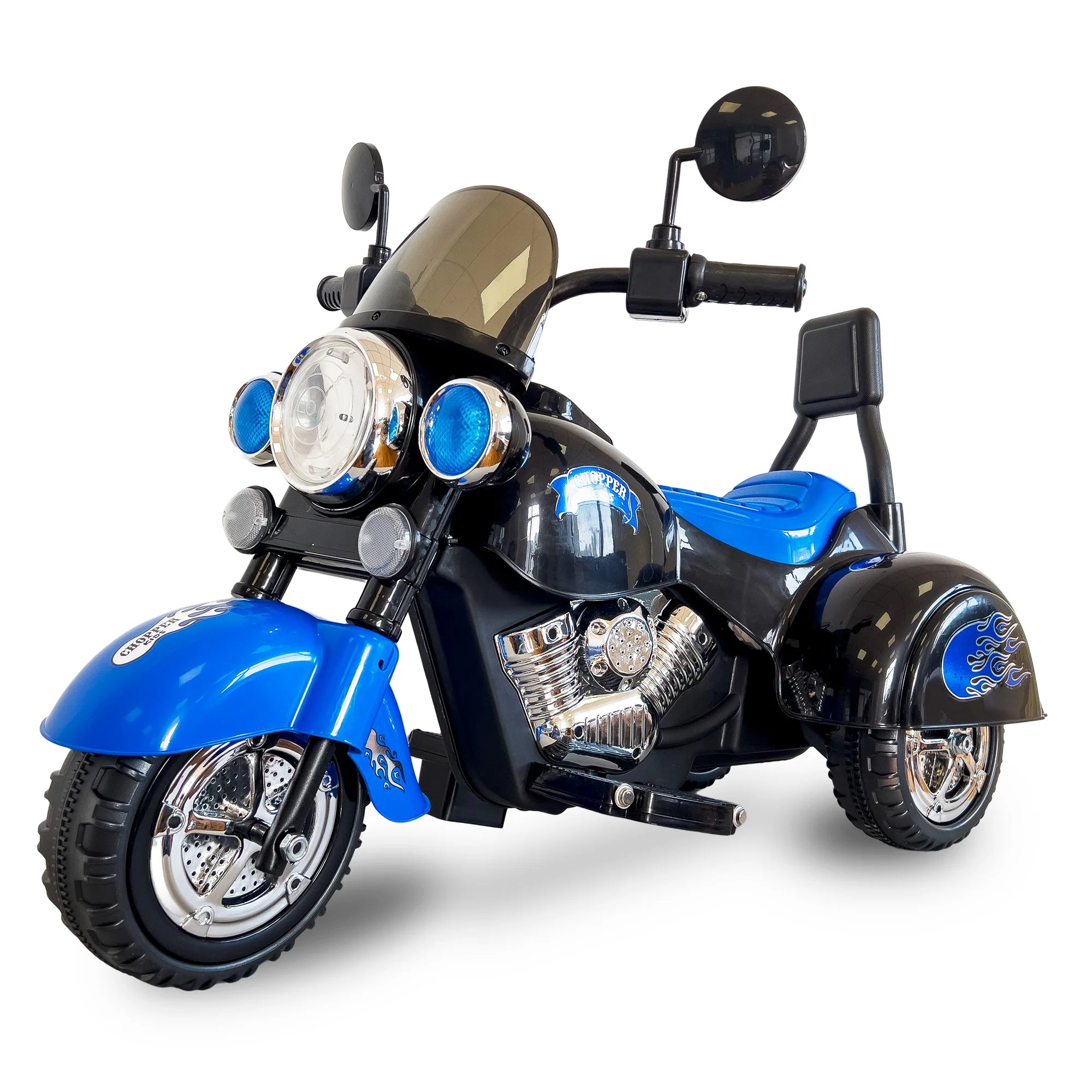 Kids Ride On Motorcycle Toy, 3-Wheel Chopper Motorbike with LED Colorful Headlights, Blue Riding on Electric Battery Powered Har