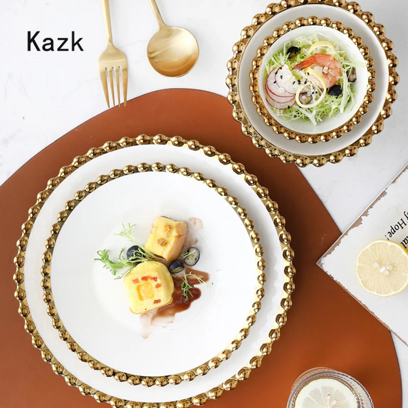 Creative Golden Beaded Side Dinner Plate Nordic Ceramic Plates and Bowls Spaghetti Dishes Dessert Salad Dish Western Tableware